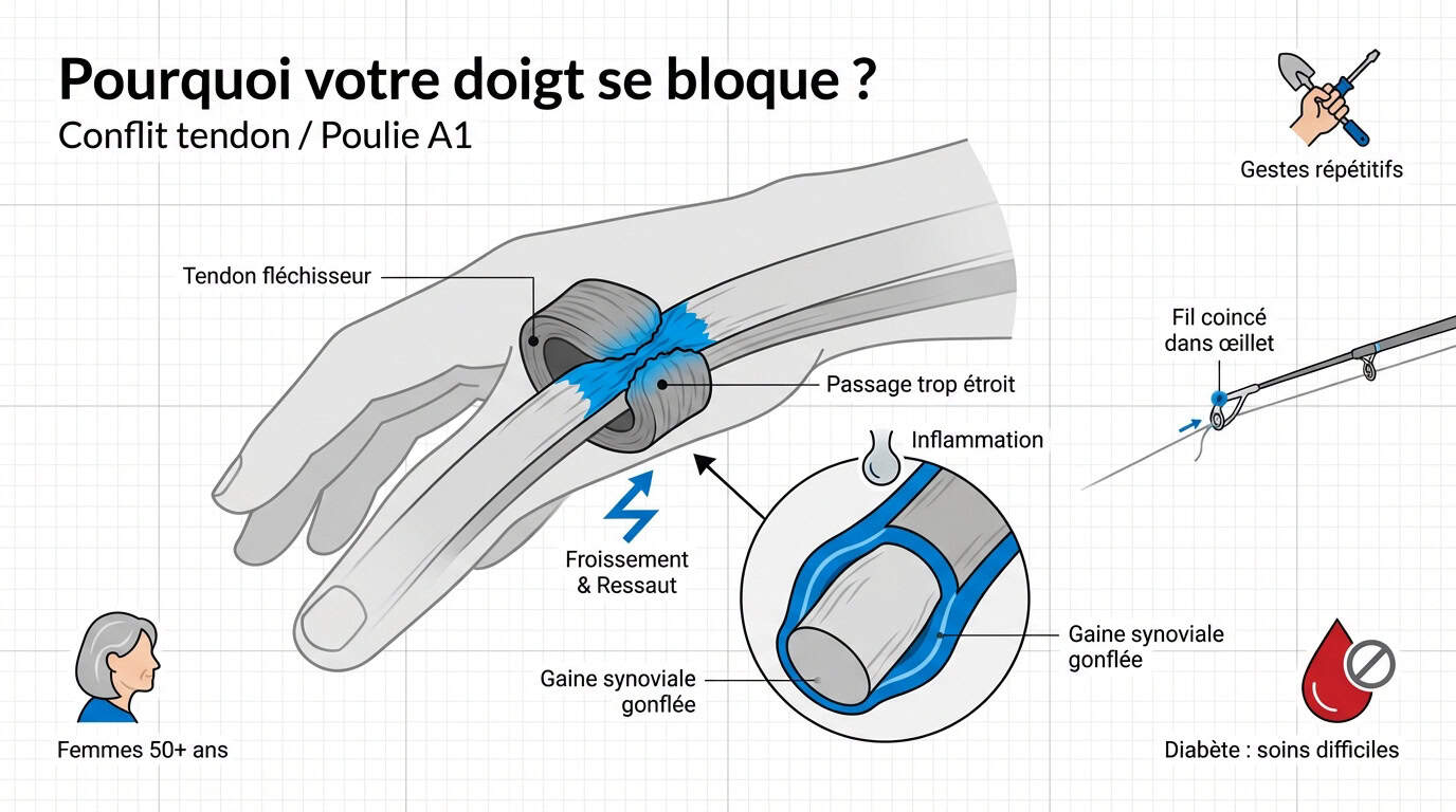 Schéma du conflit mécanique entre le tendon fléchisseur et la poulie A1 dans un doigt à ressaut