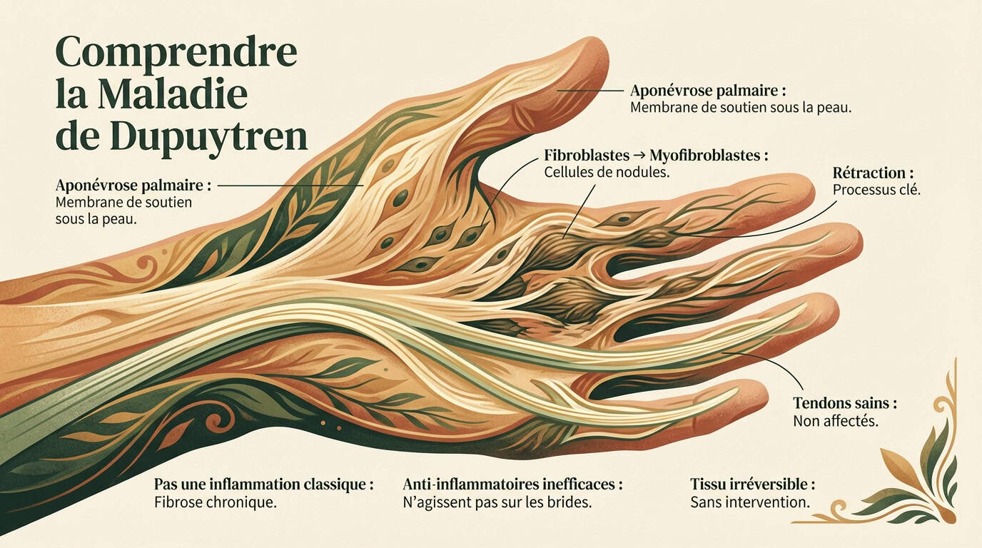 Sch&eacute;ma de l'apon&eacute;vrose palmaire touch&eacute;e par la maladie de Dupuytren Dr Falcone Paris