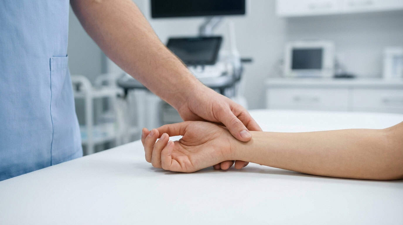 Médecin examinant le poignet d'un patient sur une table. Consultation pour le canal carpien, équipement médical en arrière-plan.