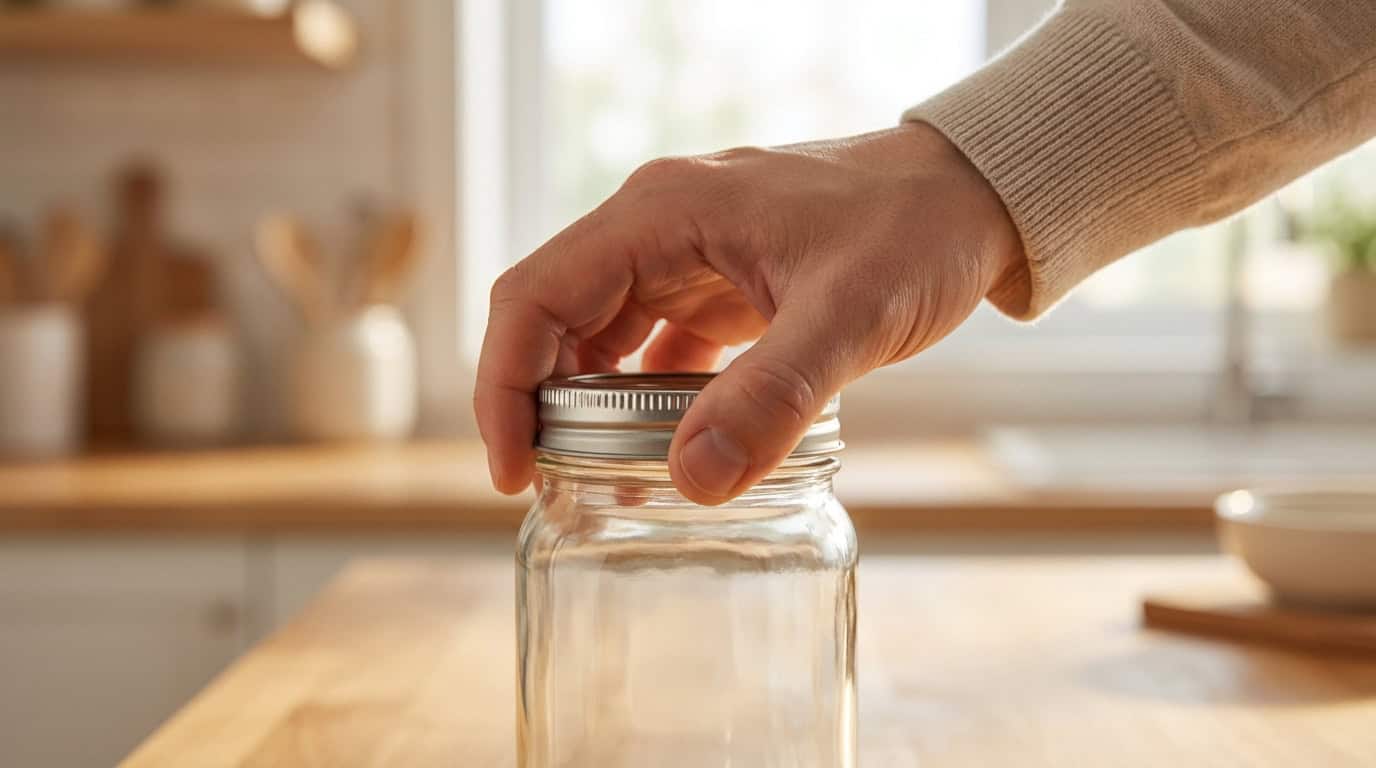 Gros plan sur une main essayant d'ouvrir un bocal en verre, illustrant la difficulté des gestes quotidiens avec l'arthrose.