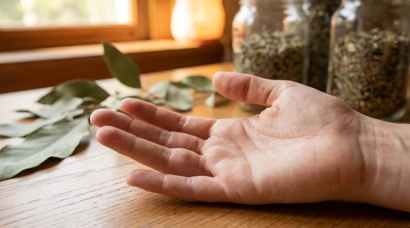 Main ouverte sur table en bois, feuilles séchées et pots d'herbes en arrière-plan. Scène de remèdes naturels.
