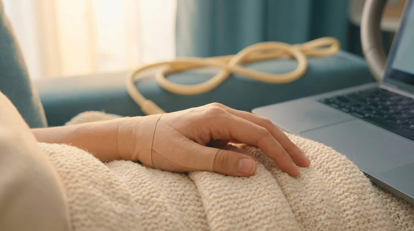 Arrêt de travail et canal carpien : main en convalescence Main bandée reposant sur une couverture tricotée près d'un ordinateur portable, symbolisant la convalescence du canal carpien.