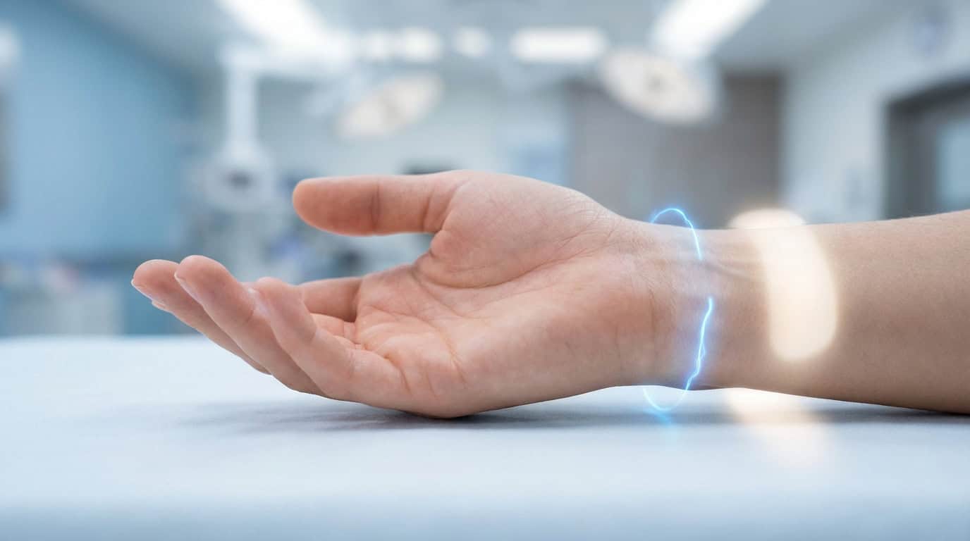 Main et avant-bras avec une énergie lumineuse bleue au poignet, symbolisant le syndrome du canal carpien, en milieu médical.