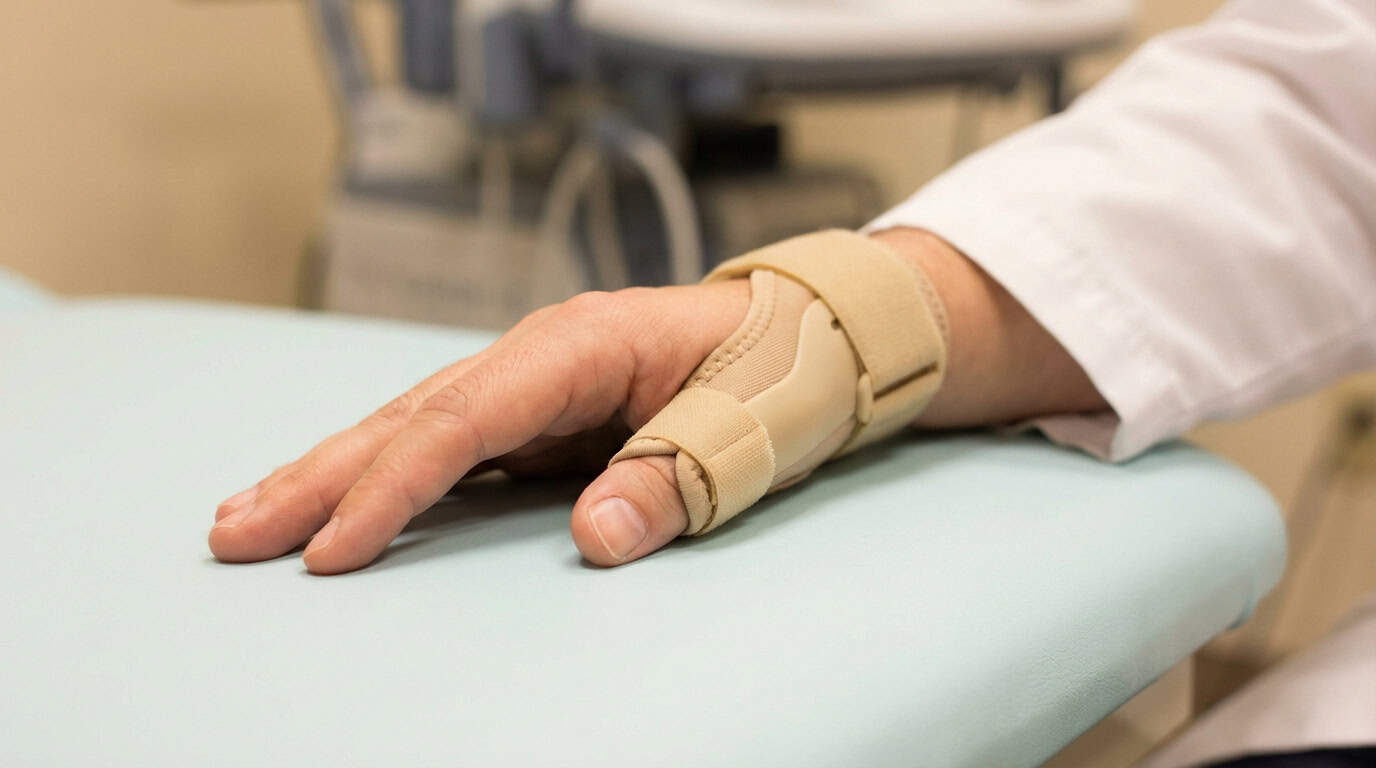 Main d'une personne en blouse blanche portant une orthèse beige de pouce, posée sur une table d'examen médicale.