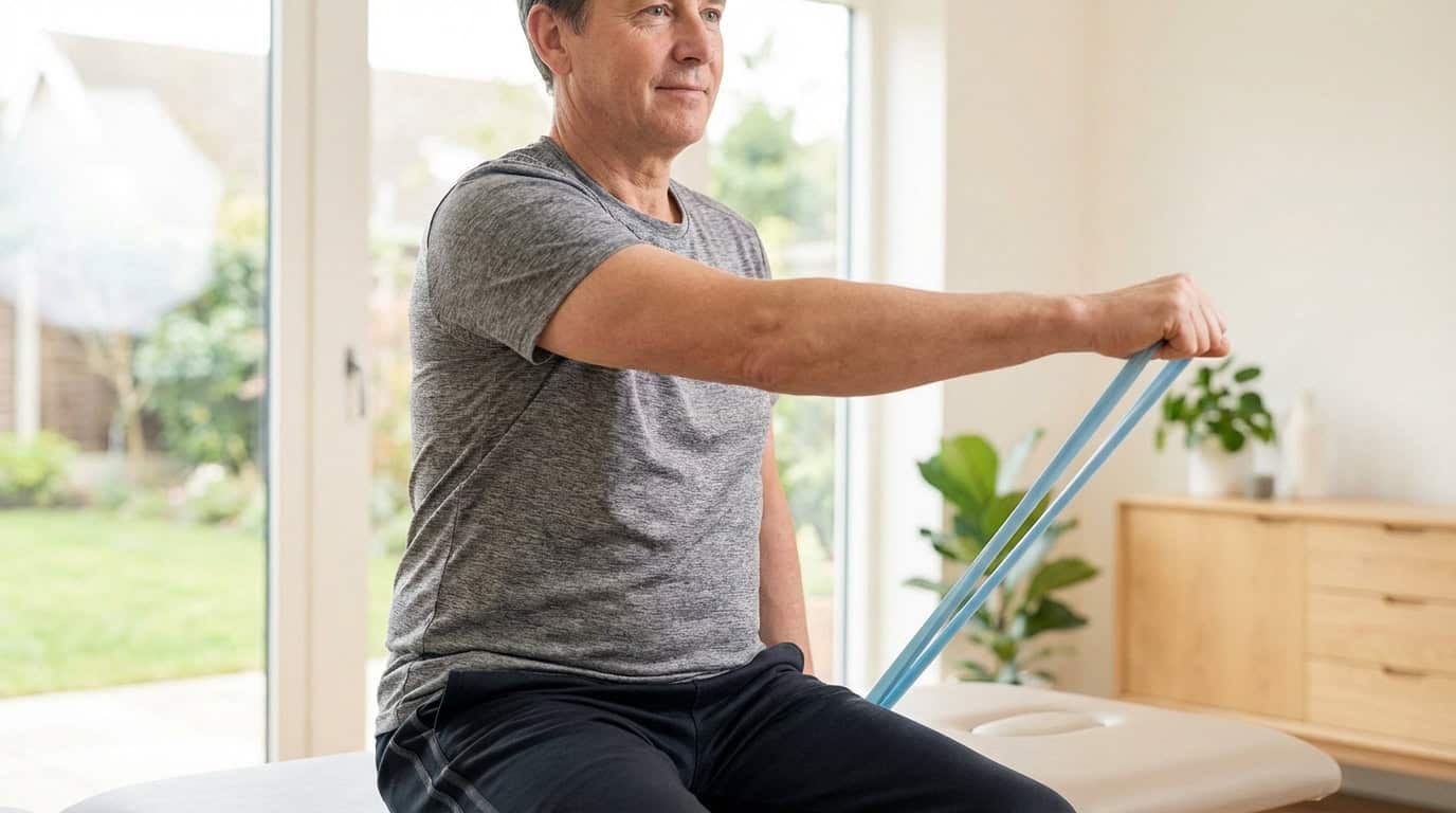 Homme d'âge mûr effectuant un exercice de rééducation de l'épaule avec une bande de résistance bleue, assis sur une table d'examen.