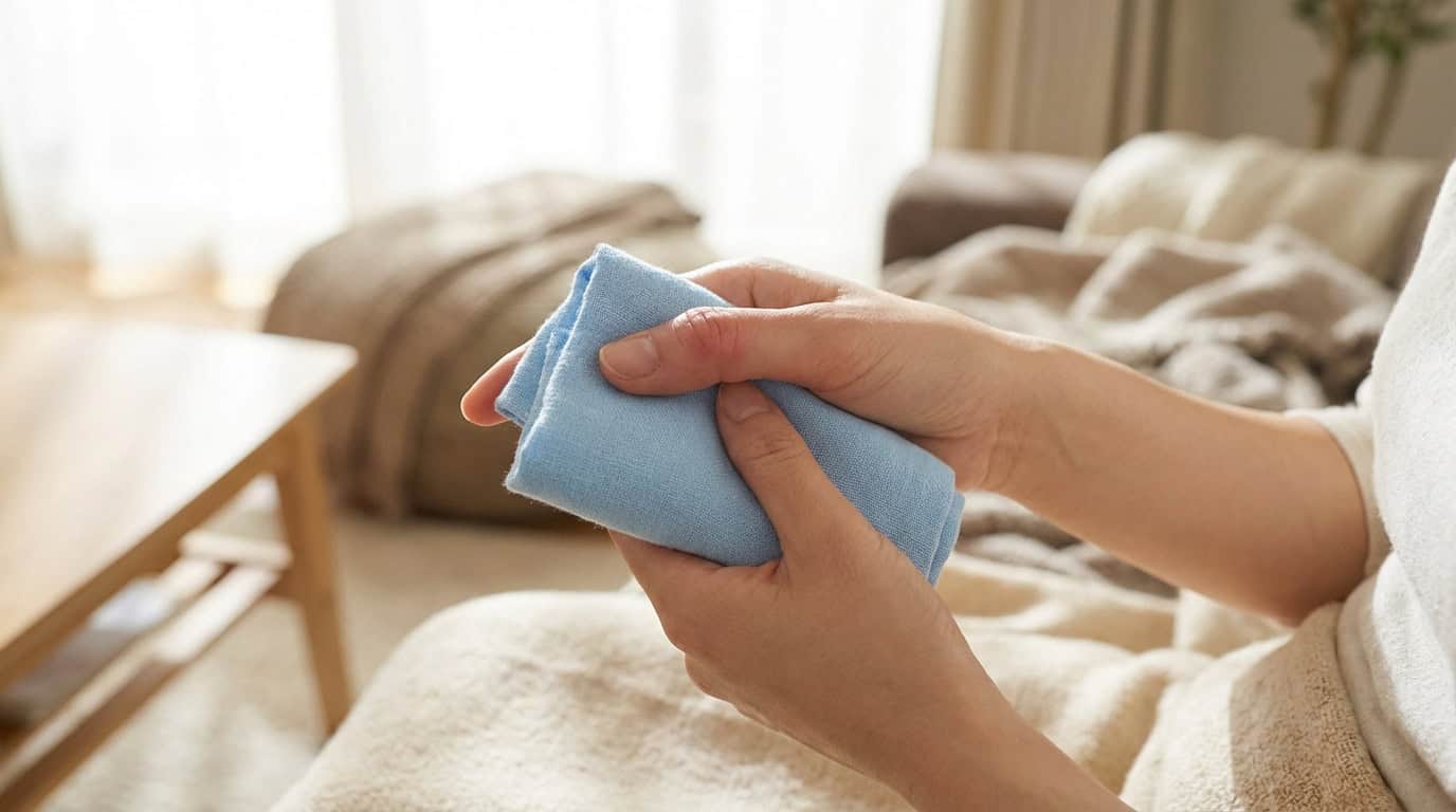 Soulager le doigt à ressaut avec une compresse naturelle Gros plan sur des mains tenant une compresse bleue. Un pouce montre une légère rougeur, évoquant un traitement naturel du doigt à ressaut.