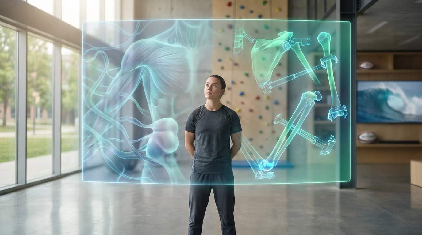 Visualisation 3D pour chirurgie de l’épaule Latarjet/Bankart Personne regardant un affichage holographique d'anatomie de l'épaule (muscles, os, implants) dans un centre sportif.