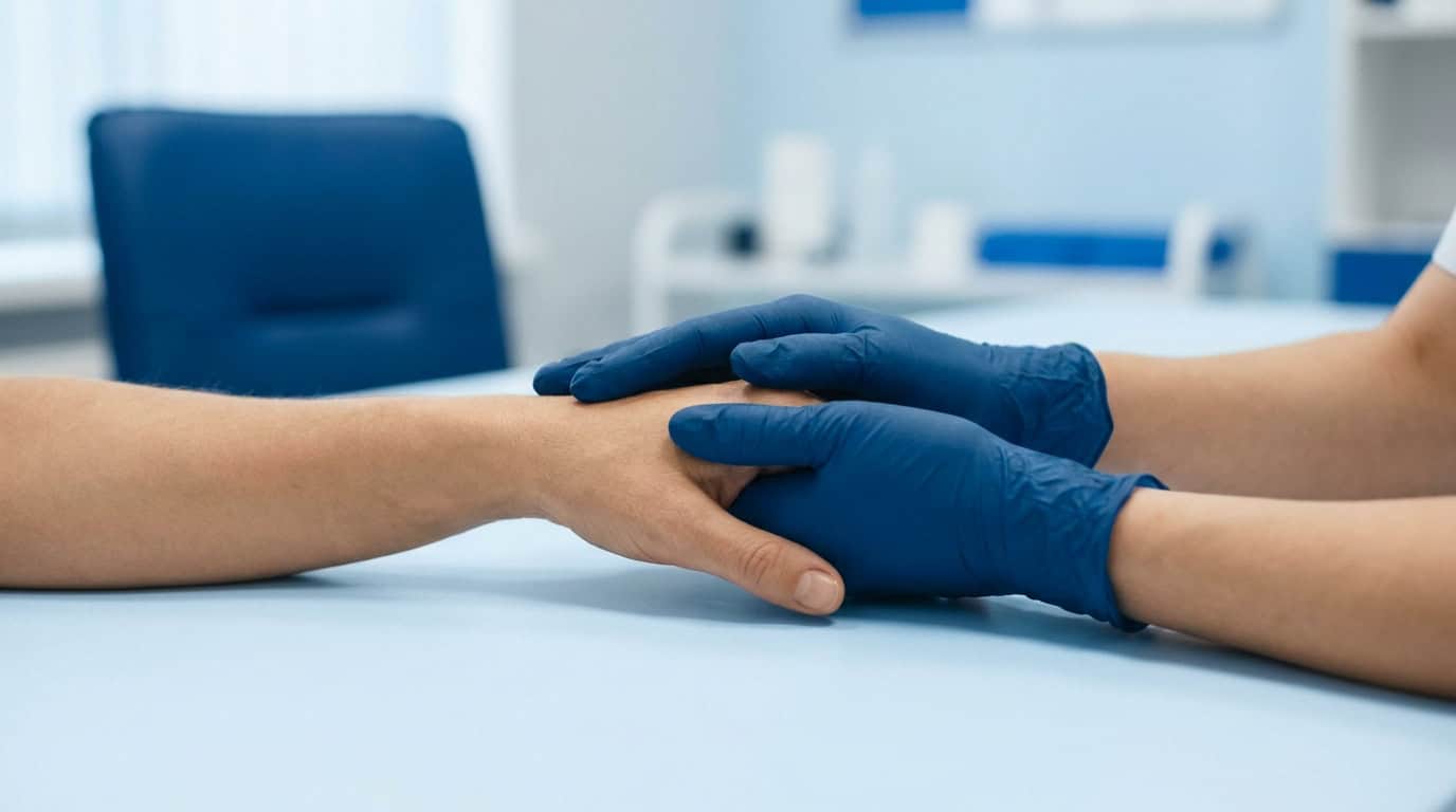 Gros plan sur une main gantée de bleu posée avec douceur sur la main d'un patient, évoquant le soin et le réconfort médical.