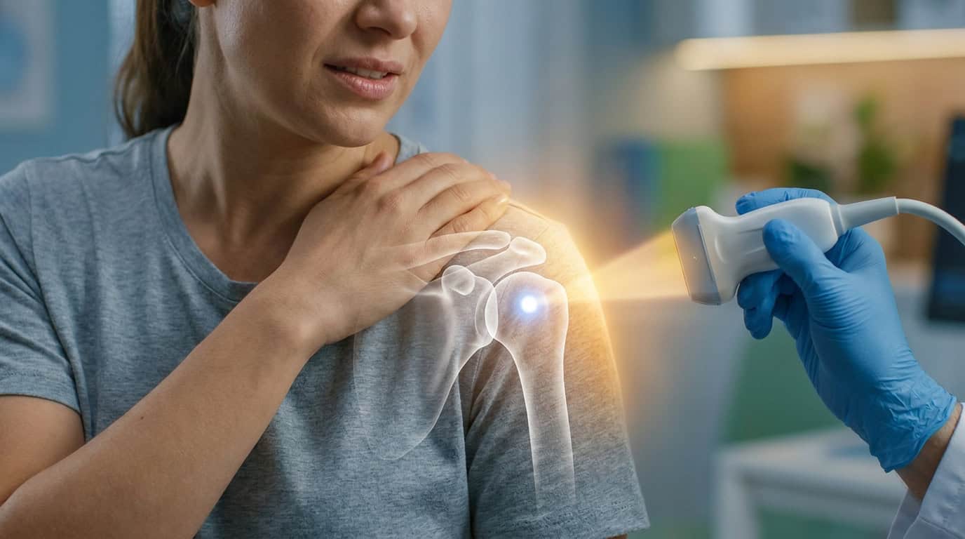 Une femme tient son épaule douloureuse, avec une imagerie des os superposée montrant une calcification, examinée par échographie.