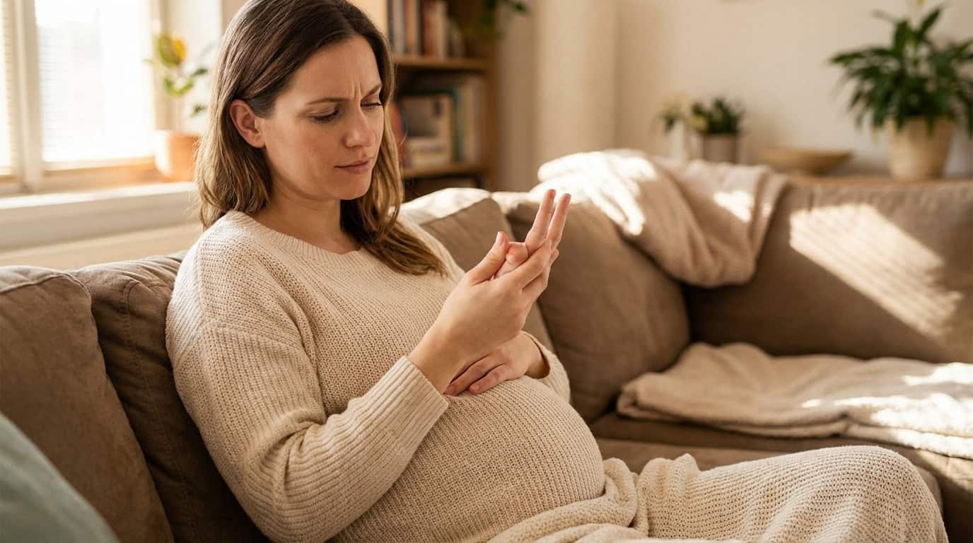 Une femme enceinte assise sur un canapé en beige, tenant sa main gauche avec sa main droite et affichant une expression de douleur ou d'inconfort.