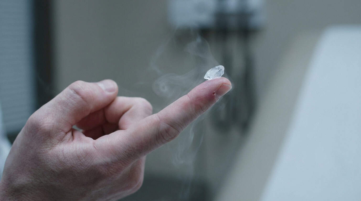 Gros plan sur un index humain portant un petit cristal translucide émettant de la vapeur, avec une petite marque rouge.