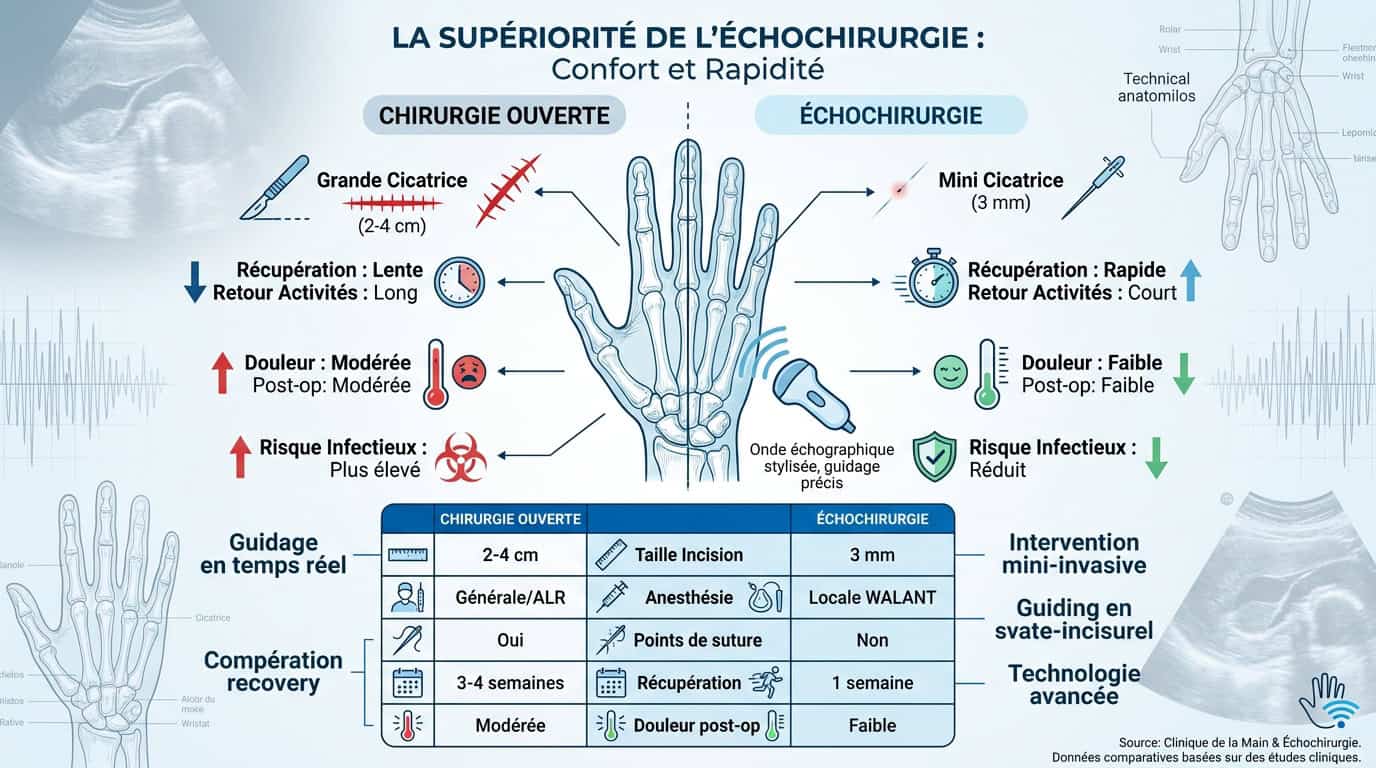 Comparaison visuelle entre échochirurgie et chirurgie ouverte de la main mettant en avant le confort et la rapidité de récupération