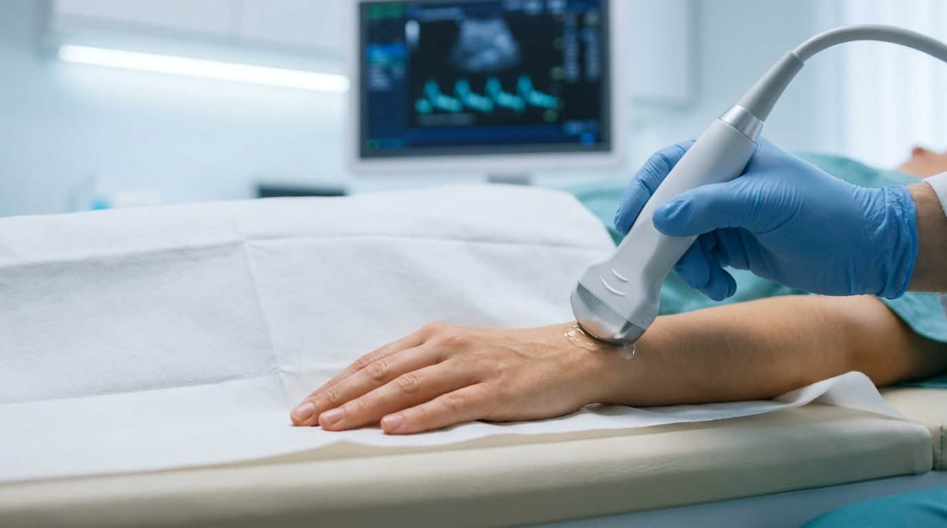 Image d'un examen échographique de la main. Une main de patient est visible avec une sonde échographique appliquée par un professionnel, un écran médical en arrière-plan.