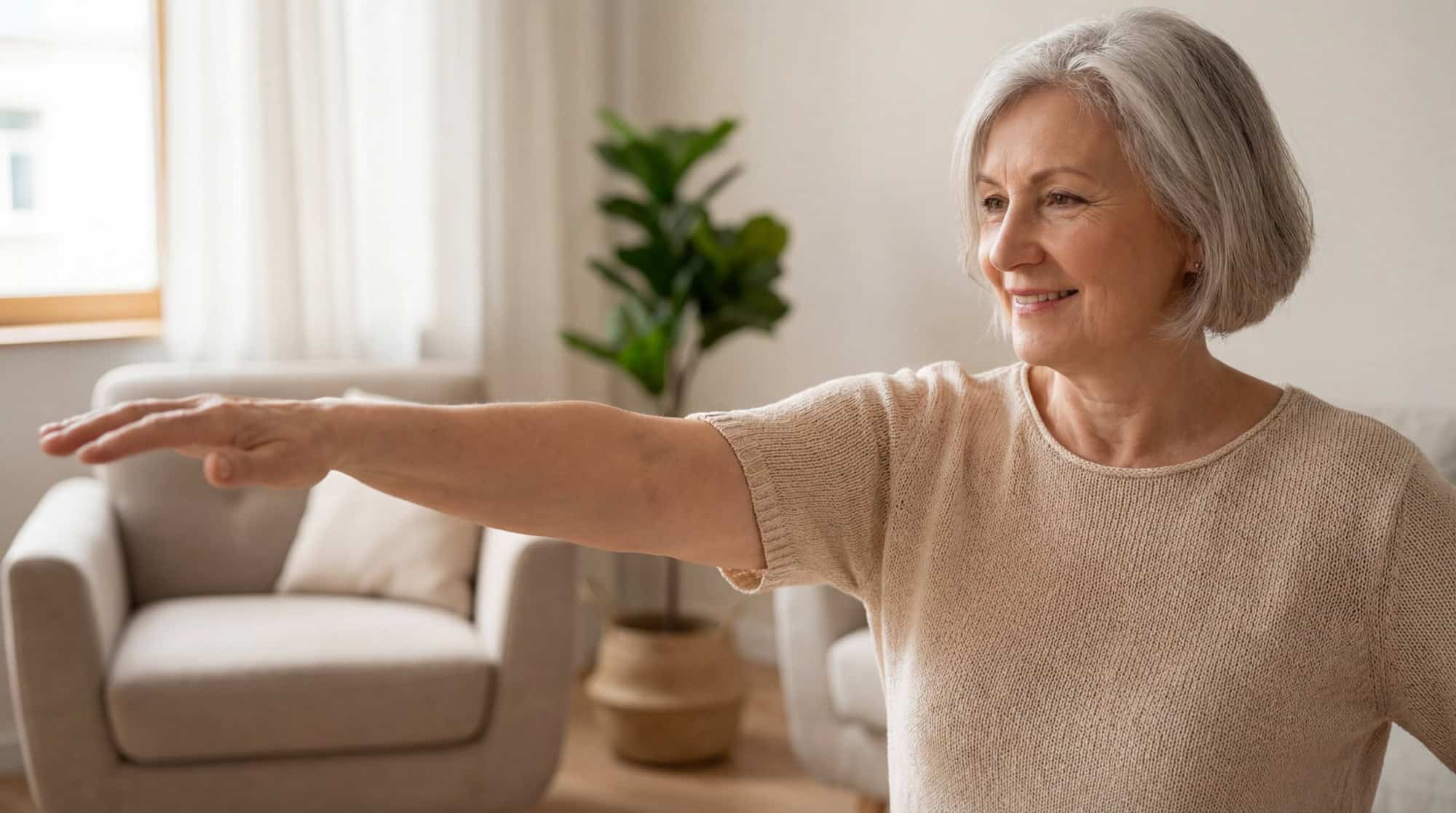 Femme âgée souriante, cheveux gris, bras gauche tendu en avant pour un exercice de rééducation de l'épaule, dans un salon lumineux.