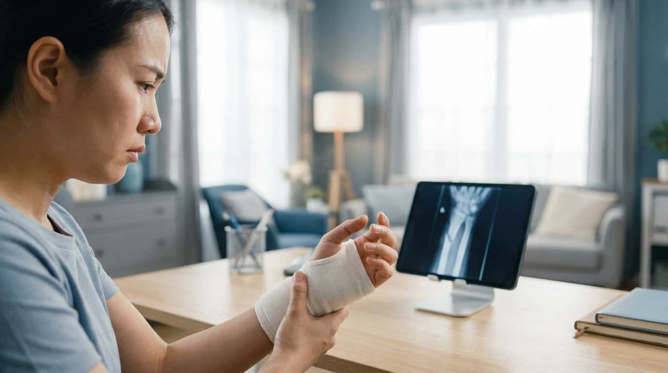 Une femme observe son poignet bandé et la radiographie de sa fracture sur une tablette, réfléchissant au traitement.