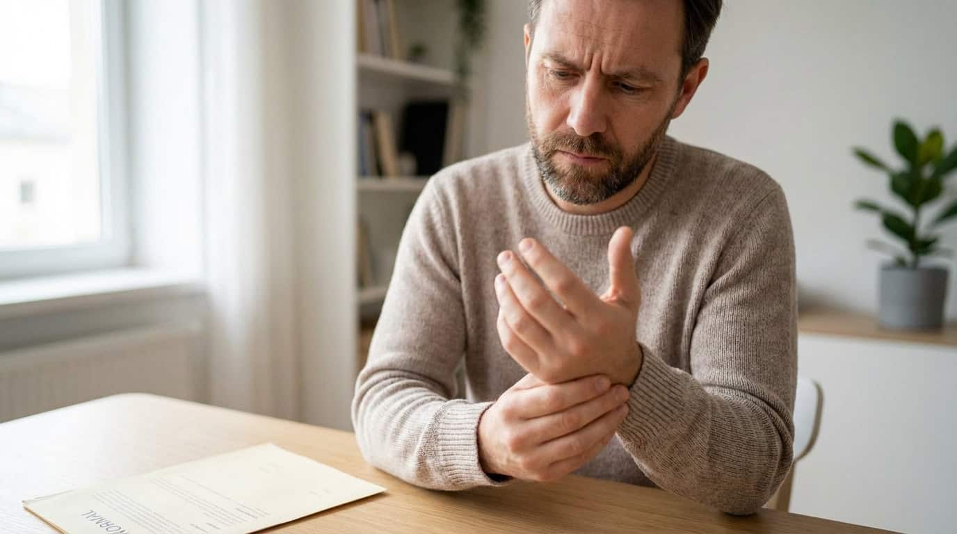 Douleur au poignet : EMG normal, diagnostic difficile Homme barbu et inquiet se tenant le poignet douloureux. Un document 'NORMAL' est visible sur la table à côté de lui.