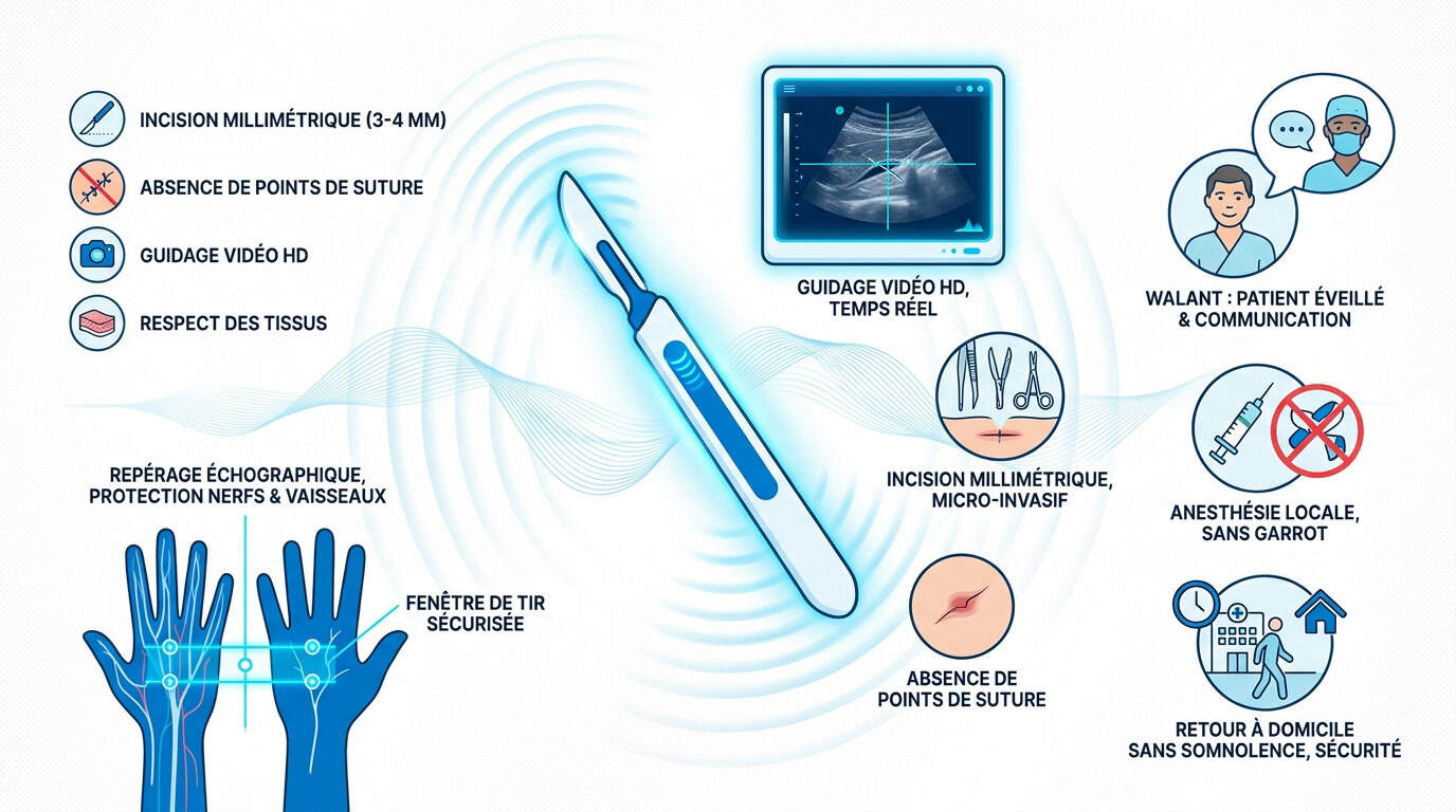 Infographie technique sur l'échochirurgie de la main montrant la précision du guidage échographique et la micro-incision.