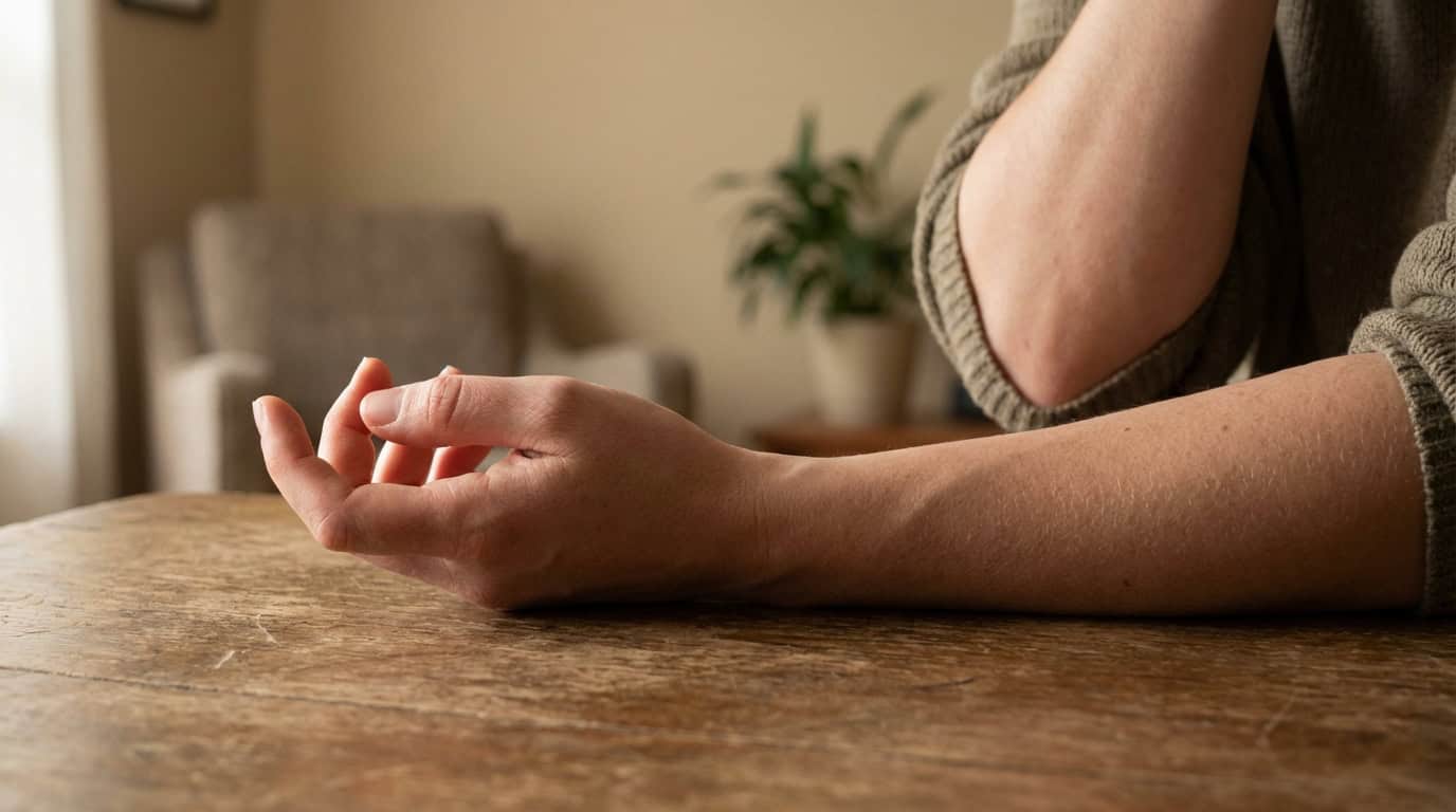 Bras et main posés sur une table en bois, le coude plié. Peut illustrer une gêne du nerf ulnaire.
