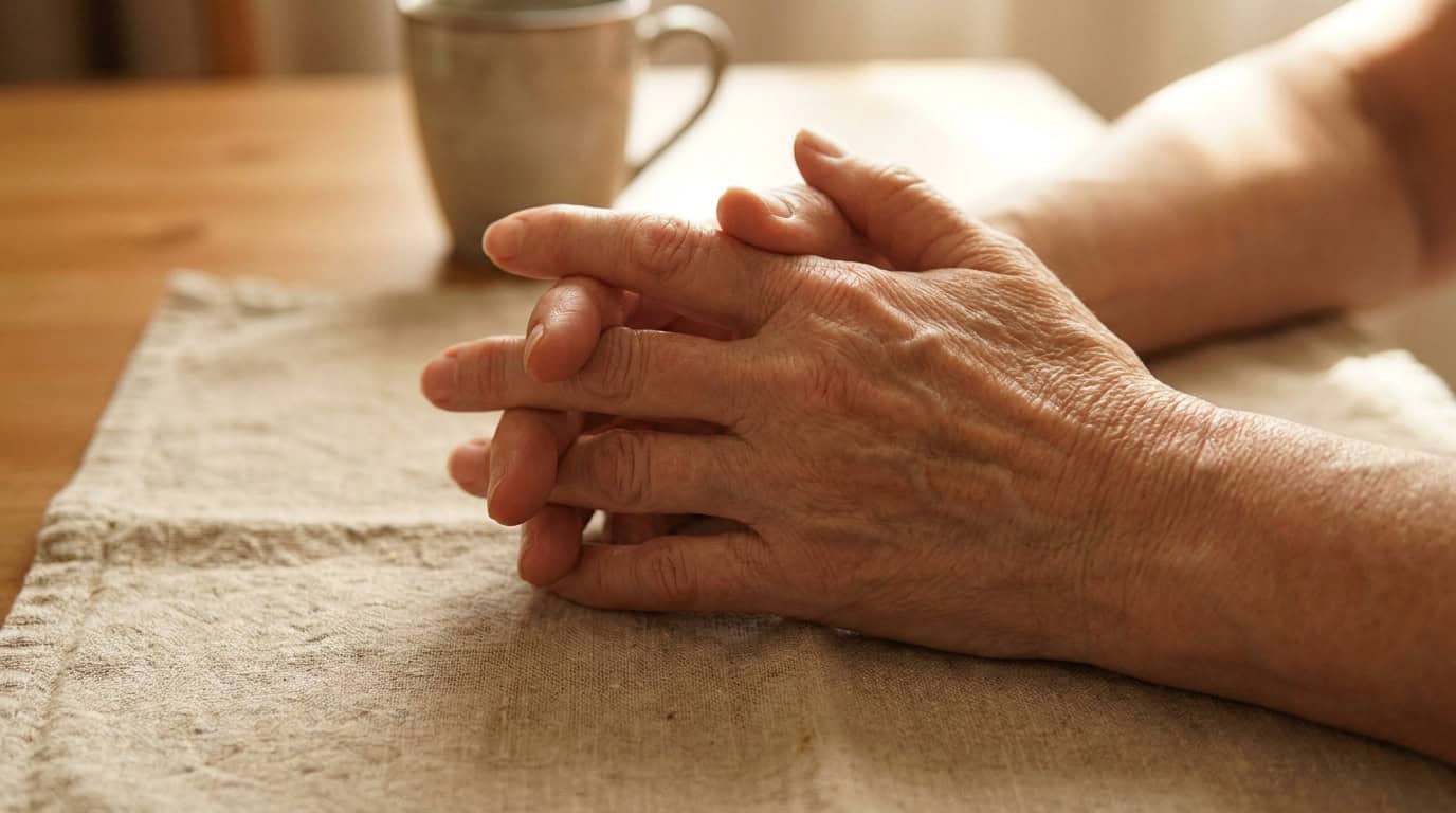 Gros plan sur les mains jointes et ridées d'une personne âgée, présentant des articulations des doigts potentiellement affectées par l'arthrose.
