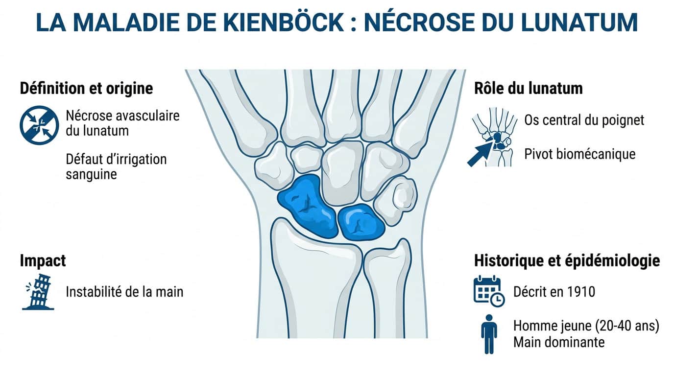 Schéma médical illustrant la nécrose du lunatum dans la maladie de Kienböck - Dr Falcone Paris