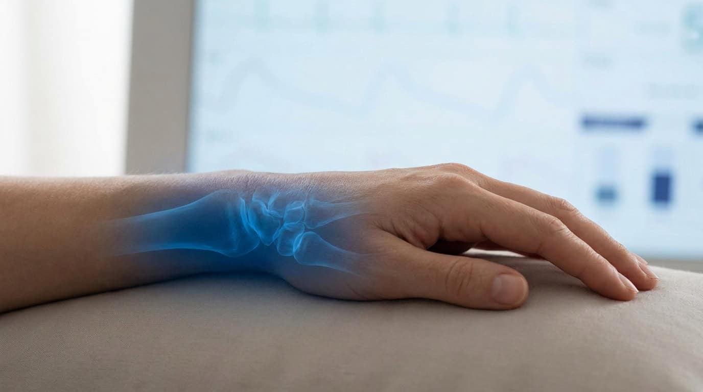 Main et avant-bras montrant le poignet avec une superposition radiographique bleue des os. L'arrière-plan est flou avec des graphiques médicaux.