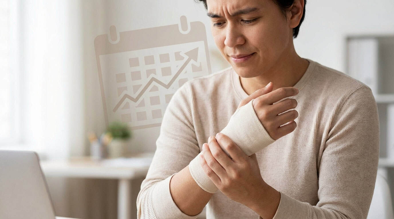 De Quervain : Guérison et arrêt de travail Un homme se tient le poignet bandé avec une expression de douleur, surimposé d'un calendrier et d'une flèche montante.