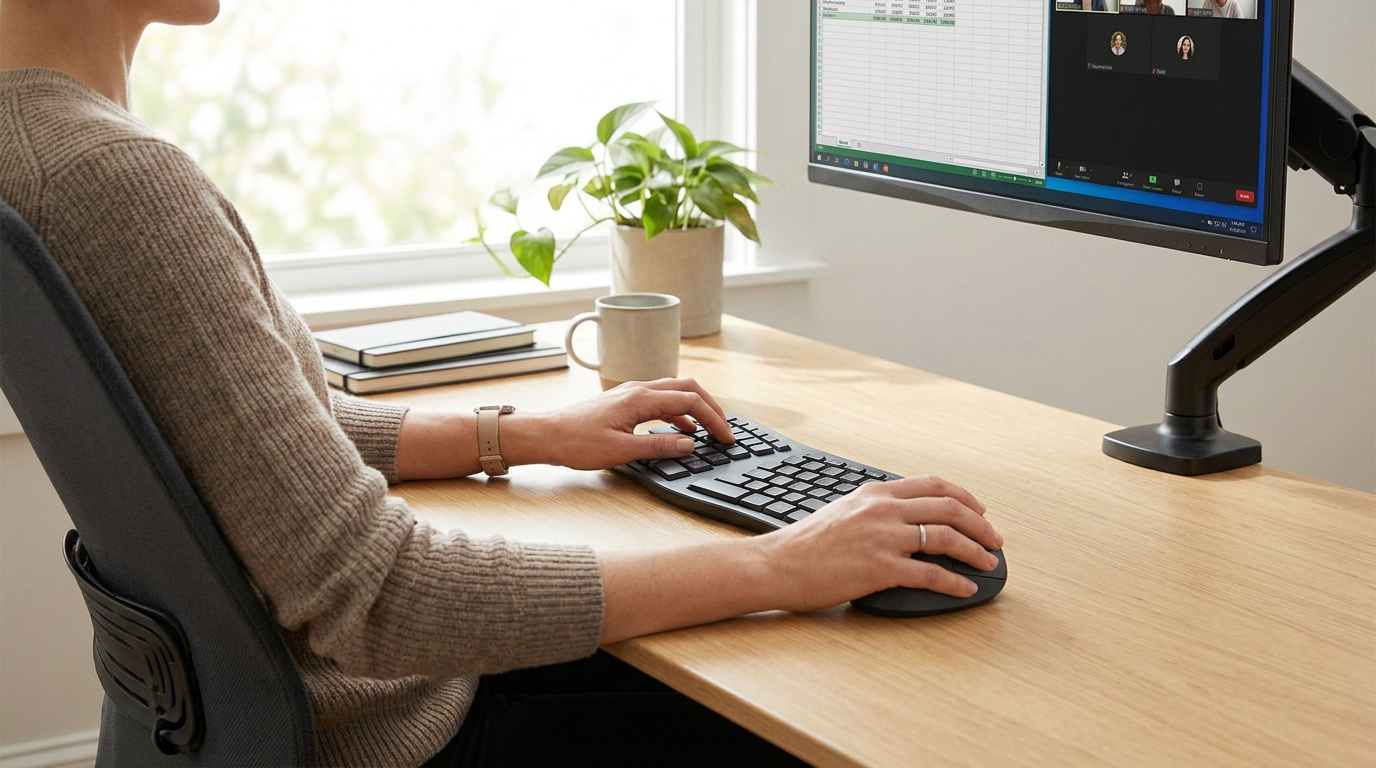 Personne utilisant clavier et souris ergonomiques à son bureau. Écran sur bras, plante, cahiers. Posture correcte en télétravail.