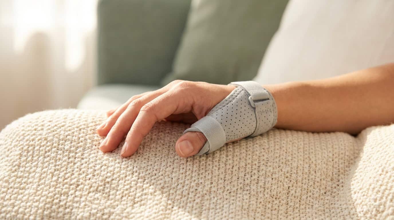 Orthèse de pouce pour rhizarthrose Une main d'adulte porte une orthèse de pouce grise perforée, reposant sur un coussin beige. L'orthèse soutient le pouce et le poignet.