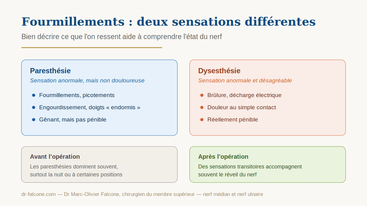 Comparaison entre paresthésie et dysesthésie dans les doigts, avec les sensations avant et après une opération du nerf