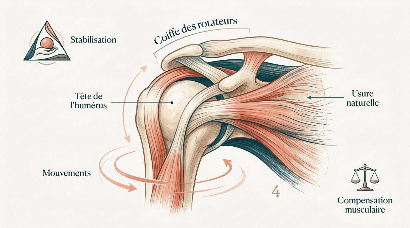 Schéma anatomique montrant les tendons de la coiffe des rotateurs et les signes d'usure dégénérative