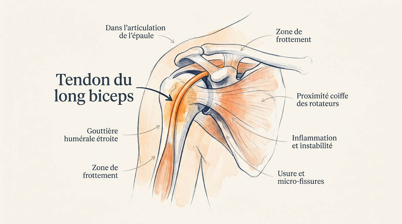 Sch&eacute;ma anatomique de l'&eacute;paule montrant le passage du tendon du long biceps dans la goutti&egrave;re hum&eacute;rale