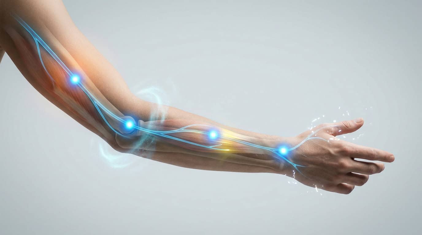 Compression du nerf radial : points de localisation Représentation médicale du nerf radial dans le bras avec des points lumineux indiquant les zones de compression.