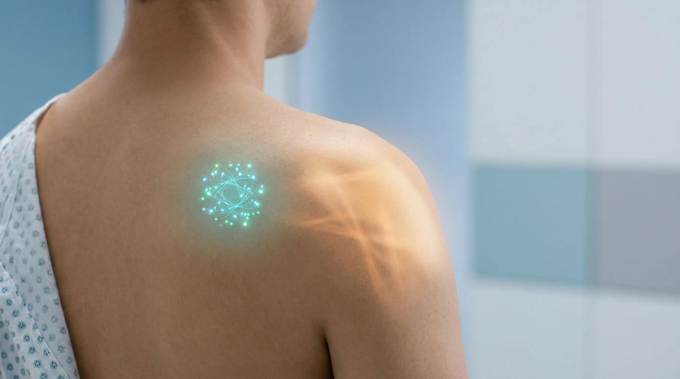 Arthroscopie d’épaule : imagerie médicale innovante Patient portant une blouse d'hôpital avec une visualisation numérique lumineuse sur l'épaule.