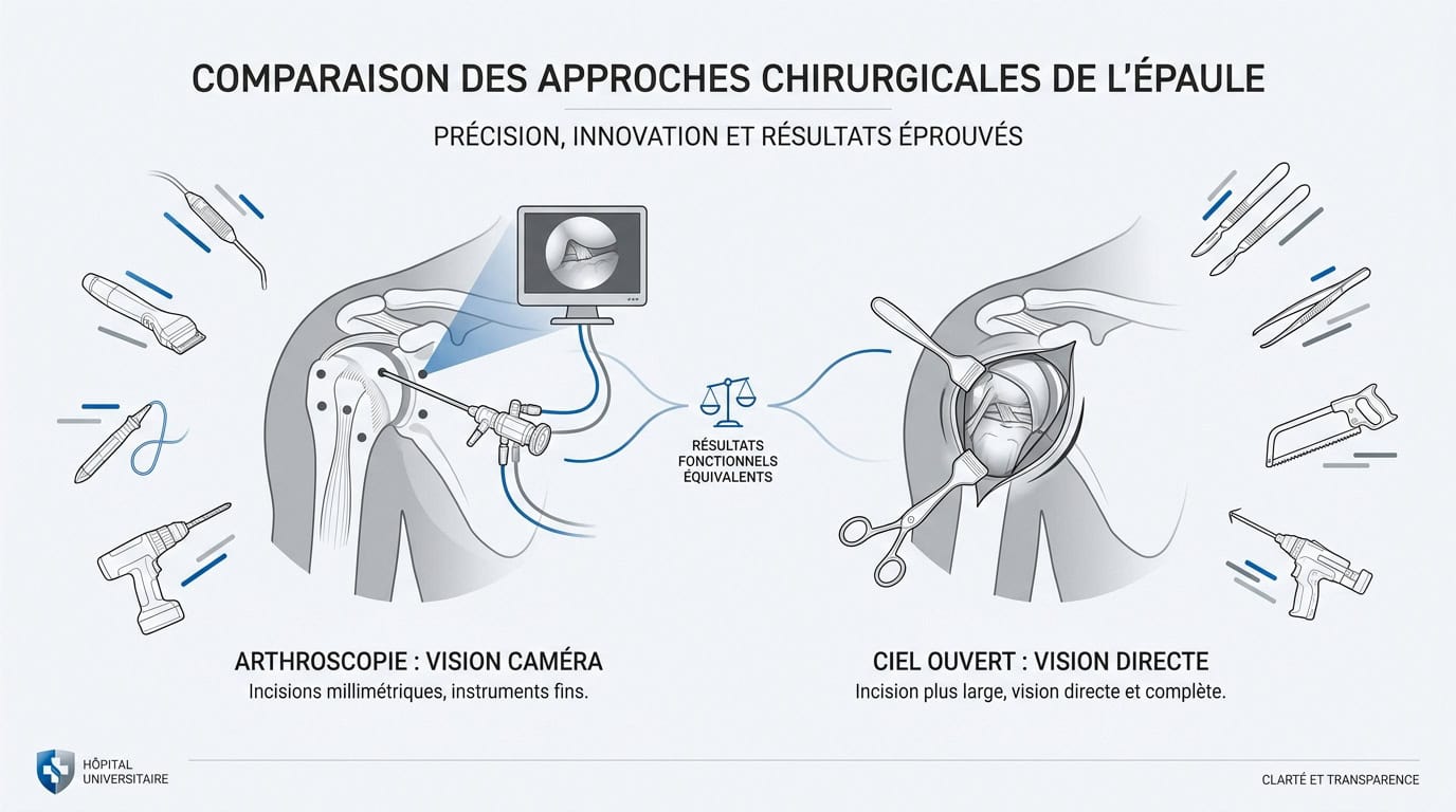 Comparaison visuelle entre l'arthroscopie et la chirurgie à ciel ouvert de l'épaule