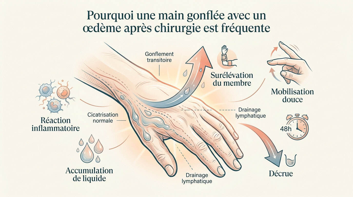 Illustration d'une main présentant un œdème post-opératoire en phase de cicatrisation