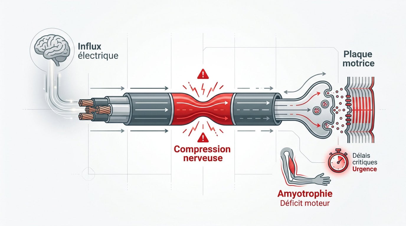 Schéma de la compression nerveuse et de son impact sur la commande motrice du muscle