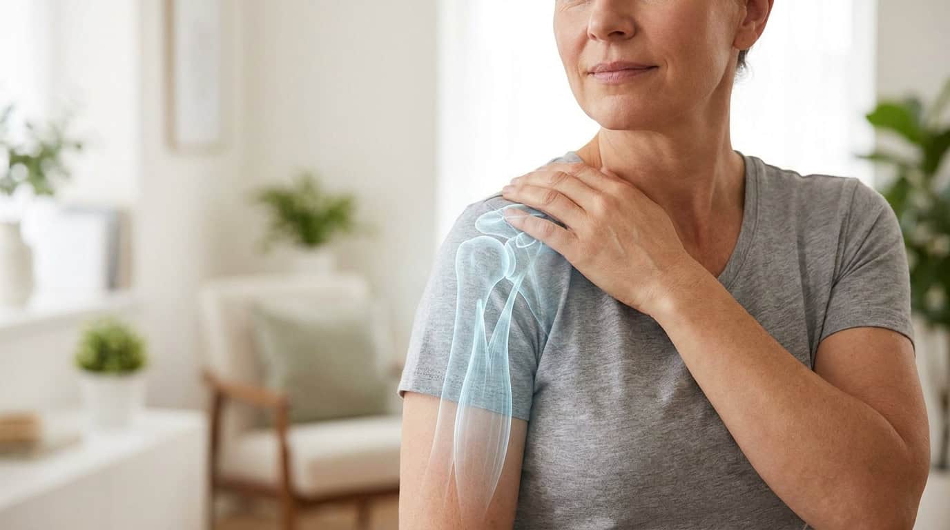 Une femme tenant son épaule, illustrée par un schéma médical transparent du biceps et de l'articulation de l'épaule.