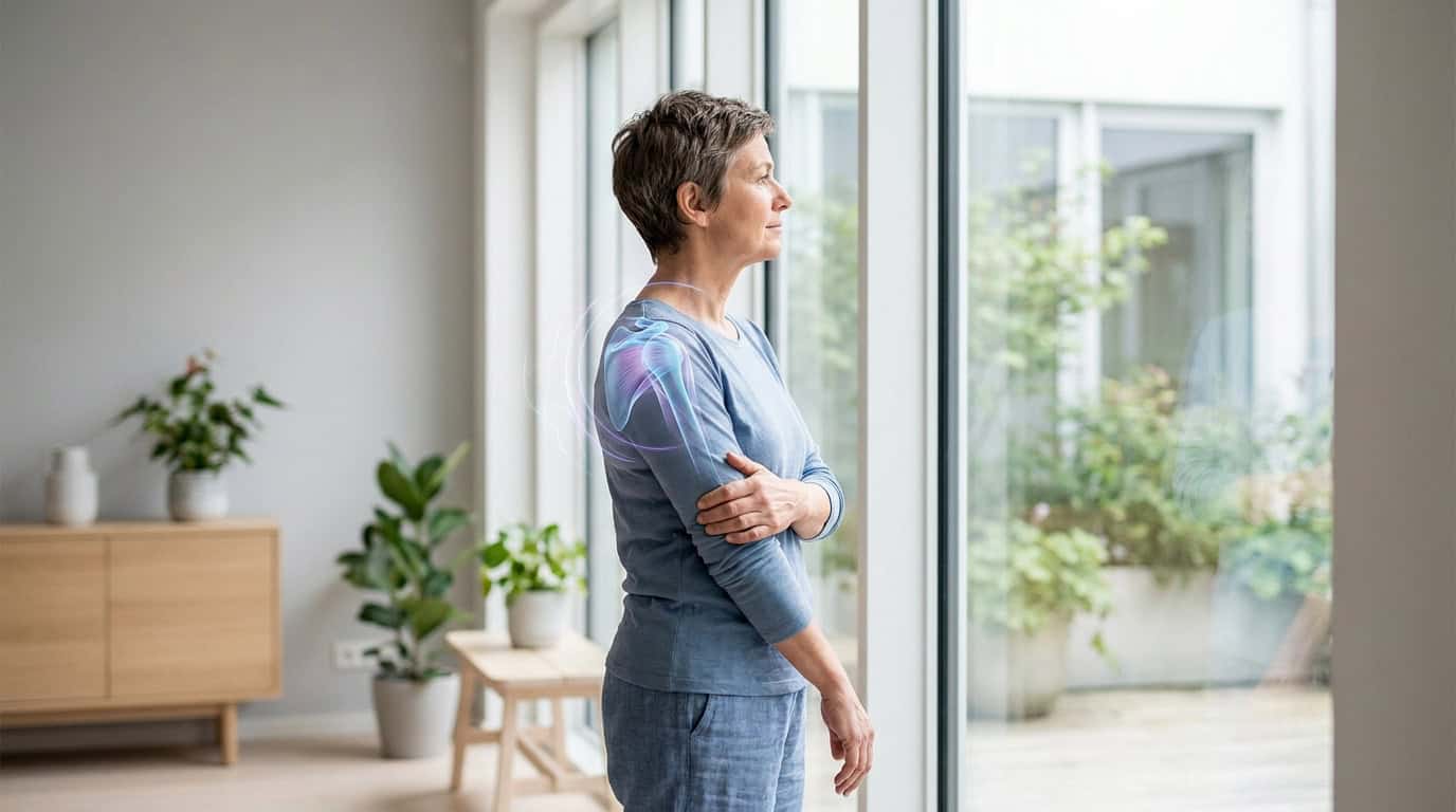 Dégénérescence de la coiffe des rotateurs Femme âgée regardant par la fenêtre avec une illustration médicale de l'articulation de l'épaule en surimpression.
