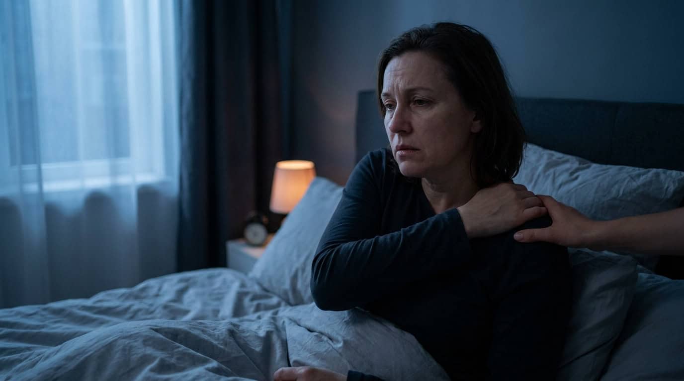 Une femme assise dans son lit la nuit, l'air fatigué, tandis qu'une main rassurante se pose sur son épaule.