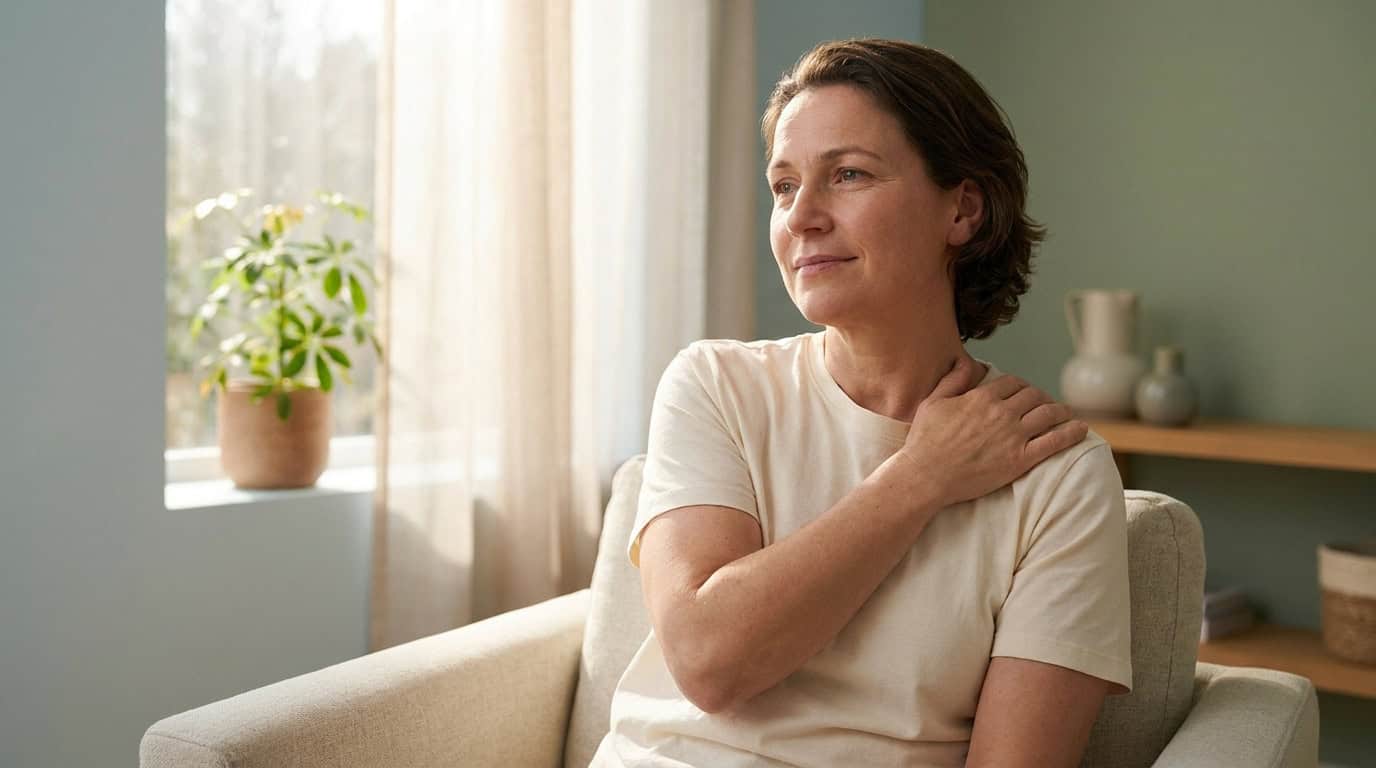 Une femme assise dans un fauteuil se tenant l'épaule avec une expression de gêne.