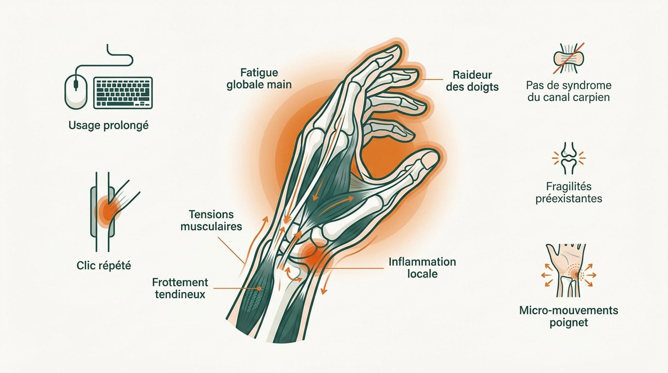 Illustration des tensions musculaires et articulaires de la main liées à l'usage de l'ordinateur