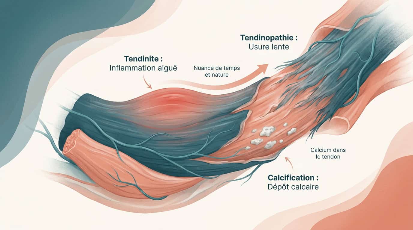 Schéma médical des tendons de l'épaule présentant une tendinopathie et des dépôts de calcification