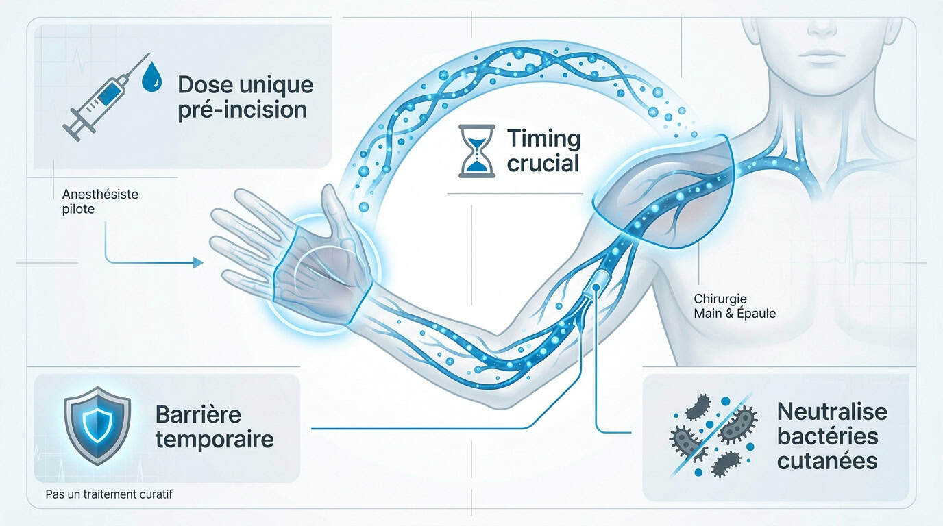 Infographie expliquant le principe de l'antibioprophylaxie par injection intraveineuse avant une chirurgie orthopédique