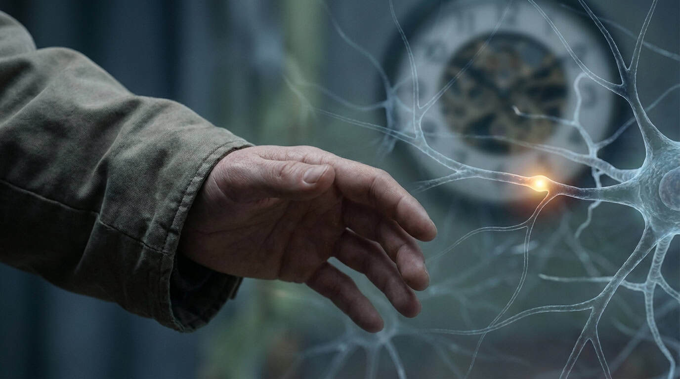Main tendue vers une représentation graphique de neurone avec une horloge floue en arrière-plan.