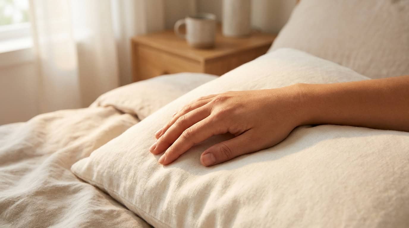 Une main posée délicatement sur un oreiller blanc pour favoriser le drainage et réduire le gonflement post-opératoire.
