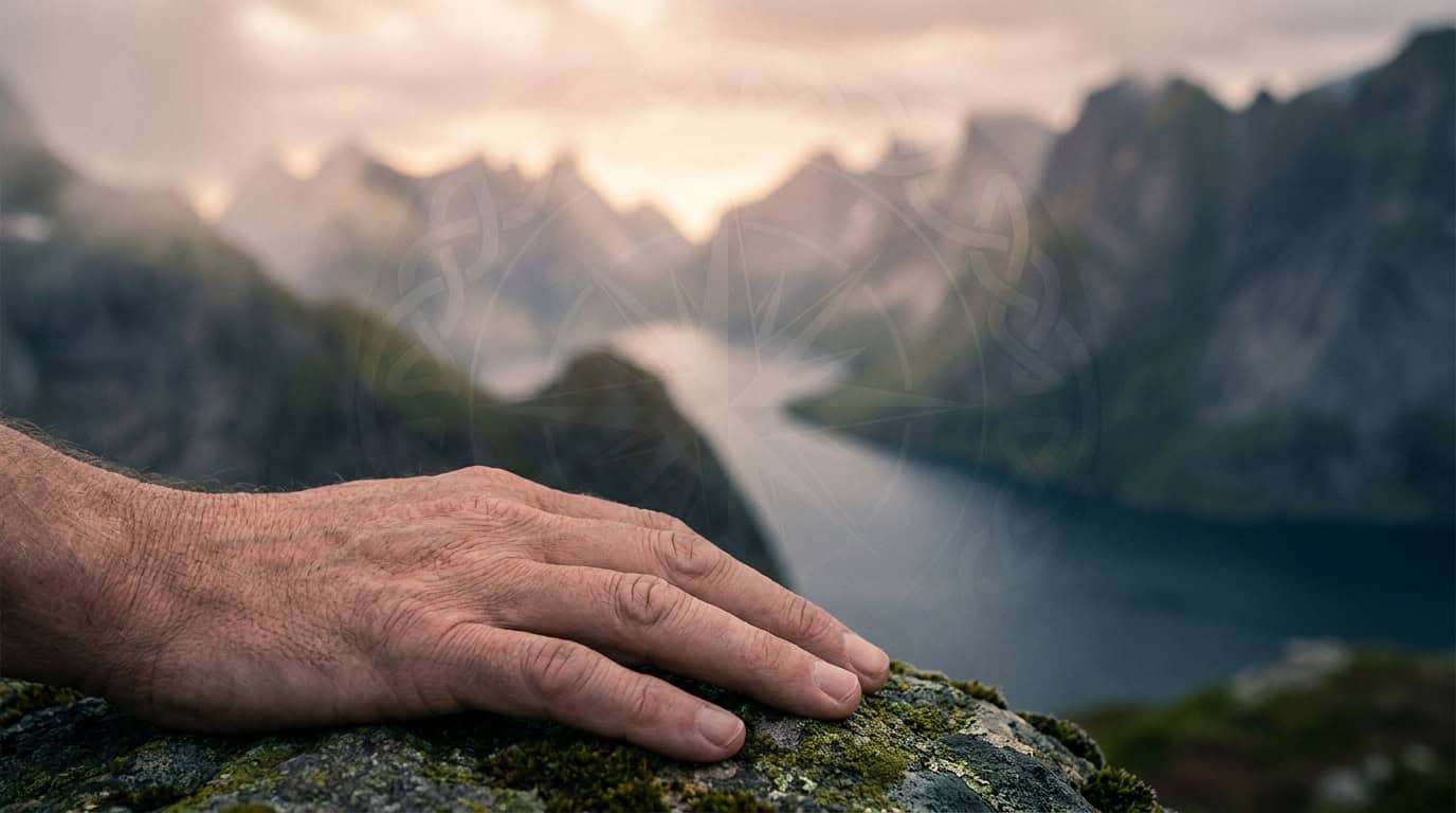 Maladie de Dupuytren et héritage viking Une main posée sur un rocher face à un paysage spectaculaire de montagnes norvégiennes et d'un fjord sous le soleil.
