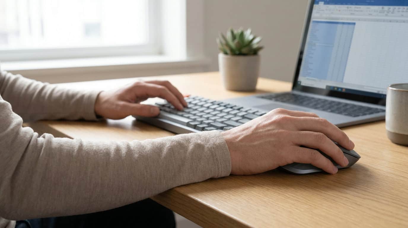 Une personne travaillant sur un ordinateur portable, utilisant une souris et un clavier sur un bureau en bois.
