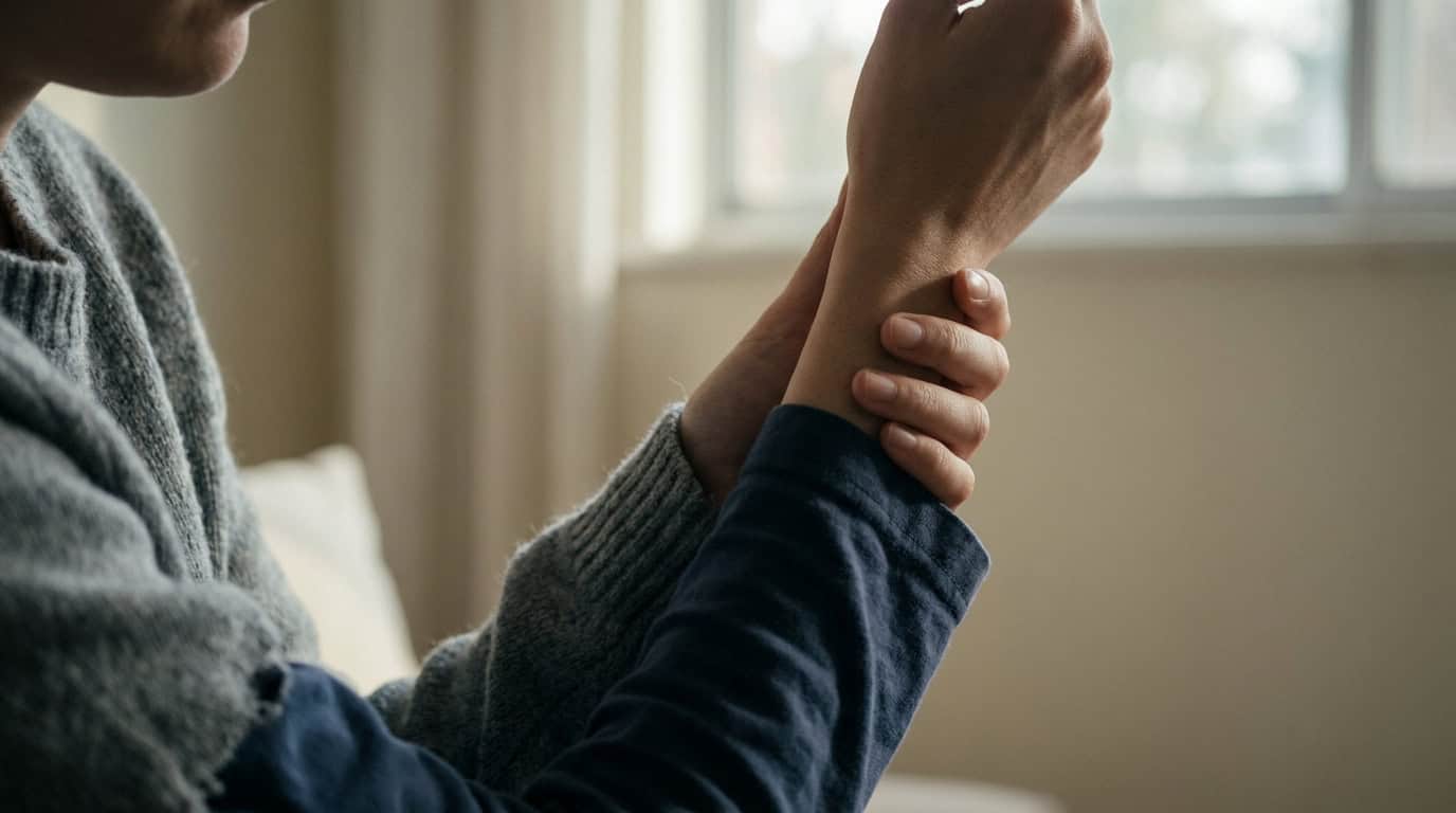 Une personne tient son poignet douloureux avec sa main, illustrant une gêne ou une douleur au niveau du bras.