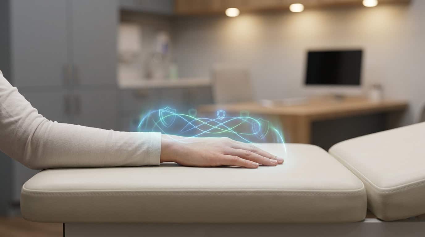 Antibioprophylaxie en chirurgie de la main Main posée sur une table d'examen avec une interface numérique holographique représentant une protection médicale.
