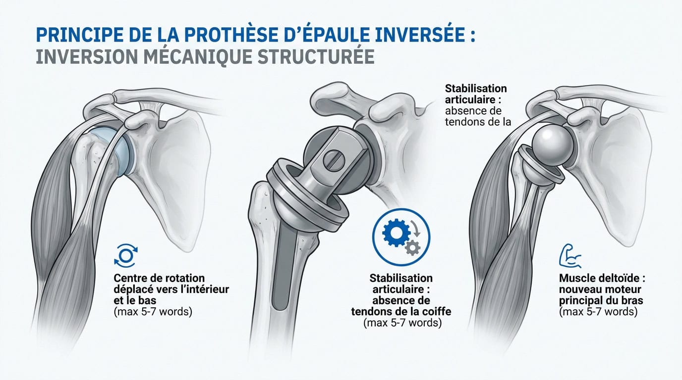 Schéma mécanique de la prothèse d'épaule inversée montrant l'inversion de la boule et de la cupule